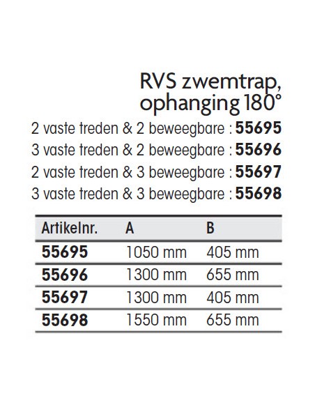 RVS zwemtrap 180° ophanging diverse maten