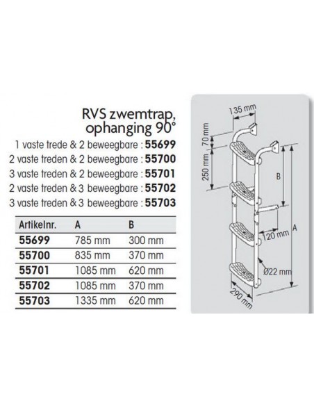 RVS zwemtrap 90° ophanging diverse maten